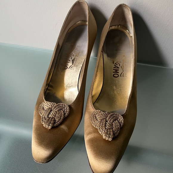 Salvatore Ferragamo Shoes - Salvatore Ferragamo Gold Heels with Intricate Design